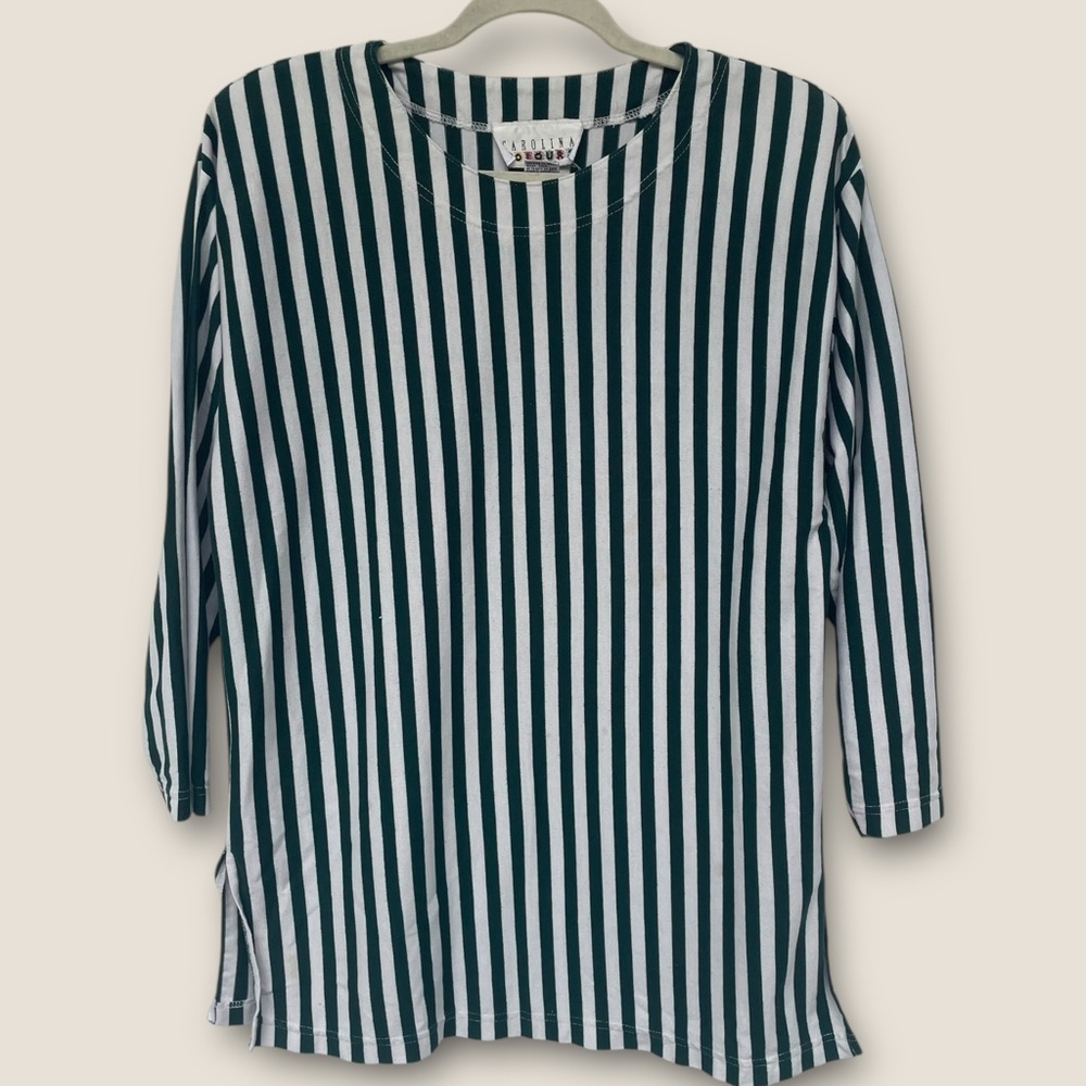 Vintage Carolia Colours Striped Tunic Top Green White 80s Shoulder Pads Medium
